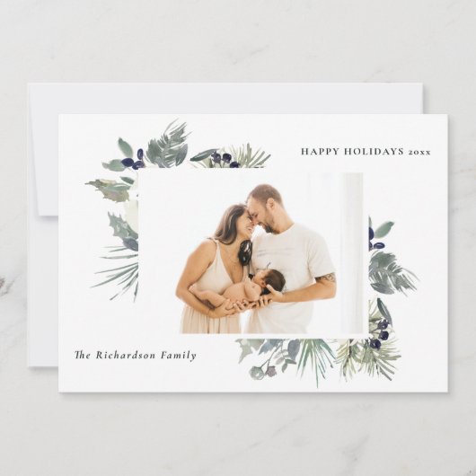 Witte donkergroene kerstgebladerte foto gelukkig feestdagenkaart (Voorkant)