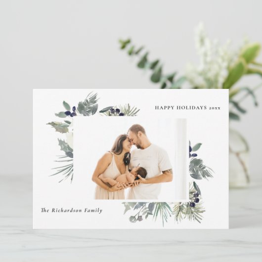 Witte donkergroene kerstgebladerte foto gelukkig feestdagenkaart (Staand voorkant)