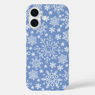 Witte Doodle Sneeuwvlokken & Blauwe Achtergrond iPhone 16 Hoesje