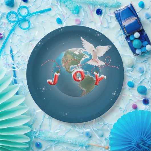 Witte dove op aarde, met vreugde papieren bordje (Feest)