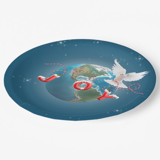 Witte dove op aarde, met vreugde papieren bordje (Gekanteld)