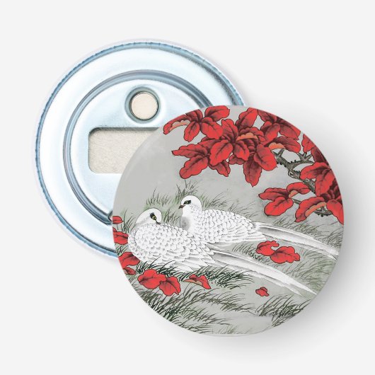  witte doven en rode bladeren op grijs / grijs button flesopener (Voorkant)