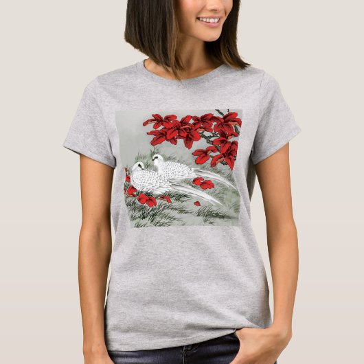 witte doven en rode bladeren op grijs / grijs t-shirt (Voorkant)