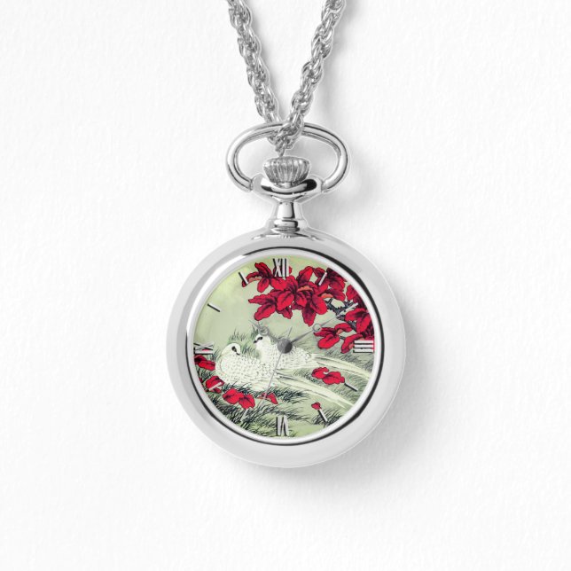  witte doven en rode bladeren op grijs horloge (Voorkant)