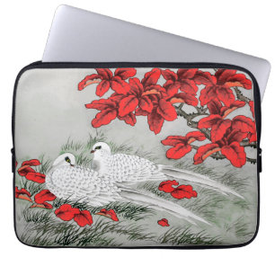  witte doven en rode bladeren op grijs laptop sleeve