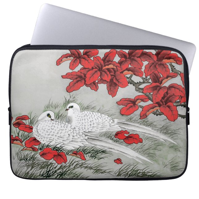  witte doven en rode bladeren op grijs laptop sleeve (Voorkant)