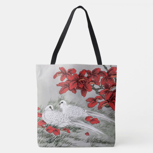  witte doven en rode bladeren op grijs tote bag (Voorkant)