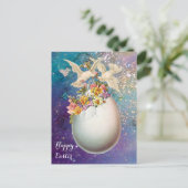 WITTE DOVES, EENVOUDIGERE EGG, PINKGEEL IN BLAUW FEESTDAGENKAART (Staand voorkant)