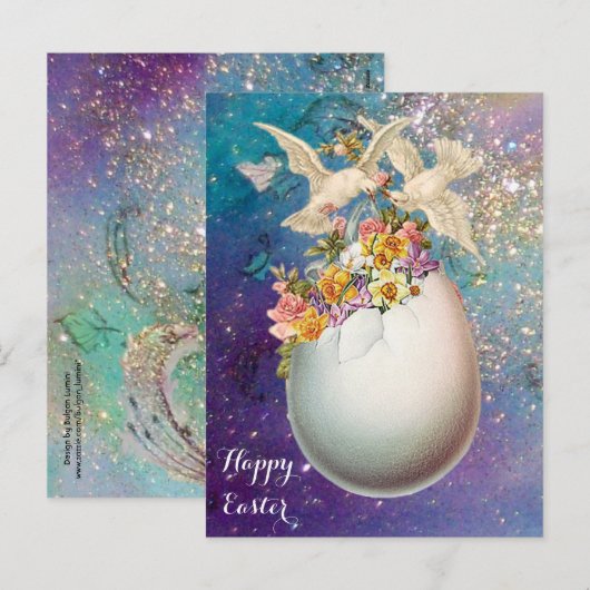 WITTE DOVES, EENVOUDIGERE EGG, PINKGEEL IN BLAUW FEESTDAGENKAART (Voorkant / Achterkant)