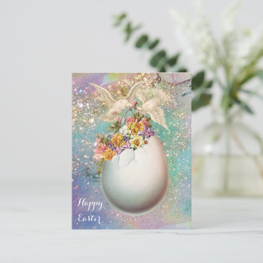 WITTE DOVES, EENVOUDIGERE EGG, PINKGEEL IN BLAUW FEESTDAGENKAART (Staand voorkant)