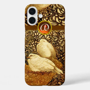 WITTE DOVES IN BROWN SEPIA,GEM STONE MONOGRAM iPhone 16 PLUS HOESJE