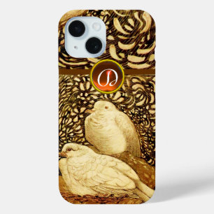 WITTE DOVES IN BROWN SEPIA,GEM STONE MONOGRAM iPhone 15 CASE