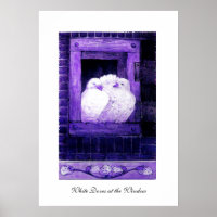 WITTE DOVES IN HET VENSTER, blauw paars