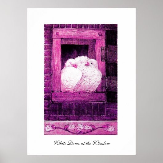 WITTE DOVES IN HET VENSTER, roze paarse violet Poster (Voorkant)
