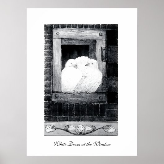 WITTE DOVES IN HET VENSTER, zwart-wit Poster (Voorkant)