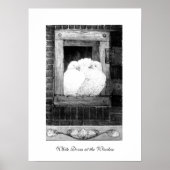WITTE DOVES IN HET VENSTER, zwart-wit Poster (Voorkant)