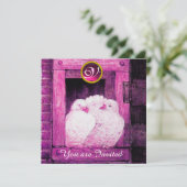WITTE DOVES IN PINKVENSTER, WEDDING GEM MONOGRAM KAART (Staand voorkant)