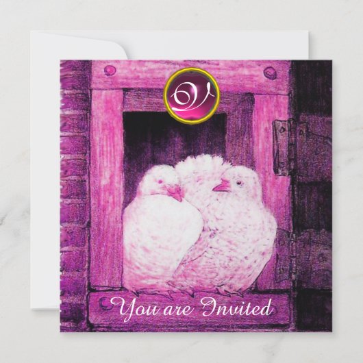 WITTE DOVES IN PINKVENSTER, WEDDING GEM MONOGRAM KAART (Voorkant)