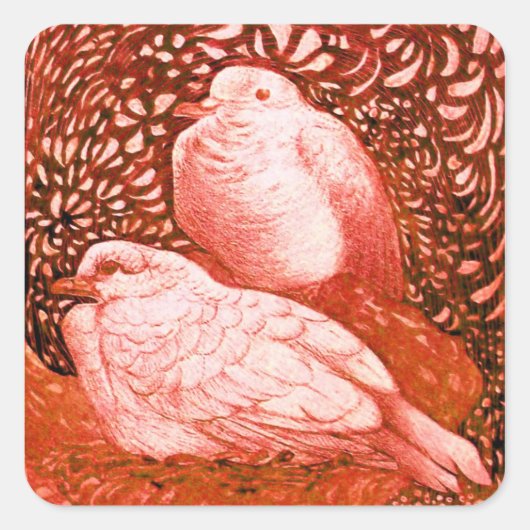 WITTE DOVES IN ROOD VIERKANTE STICKER (Voorkant)