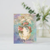 WITTE DOVES MET EENVOUDIGERE EGG, BLAUWE BOW, PINK FEESTDAGENKAART (Staand voorkant)