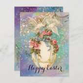 WITTE DOVES MET EENVOUDIGERE EGG, BLAUWE BOW, PINK FEESTDAGENKAART (Voorkant / Achterkant)