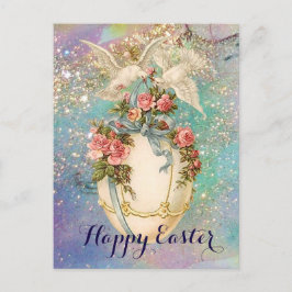 WITTE DOVES MET EENVOUDIGERE EGG, BLAUWE BOW, PINK FEESTDAGENKAART