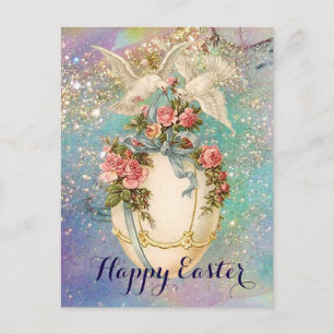 WITTE DOVES MET EENVOUDIGERE EGG, BLAUWE BOW, PINK FEESTDAGENKAART