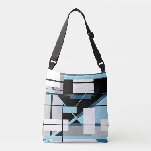 Witte dozen in blauw, grijs, zwart geometrisch ont crossbody tas (Voorkant)