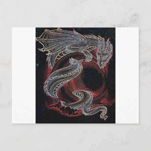 Witte draak, rode maan op zwart briefkaart (Voorkant)
