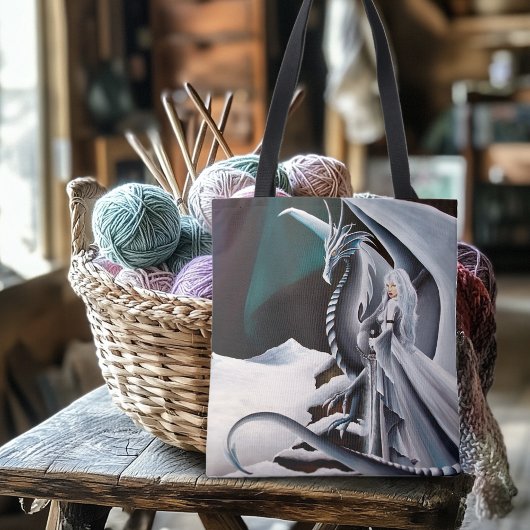 Witte Draak Vrouw Fantasie Auroras Tote Bag