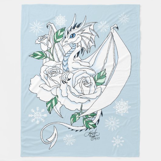 Witte Dragon Rozen Sneeuwvlokken Blauw Fleece Deken (Voorkant)