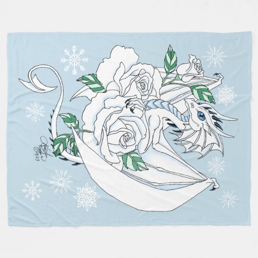 Witte Dragon Rozen Sneeuwvlokken Blauw Fleece Deken (Voorkant (Horizontaal))