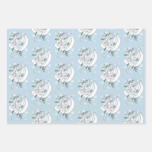 Witte Dragon Rozen Sneeuwvlokken Blauw Inpakpapier Vel (Voorkant 2)