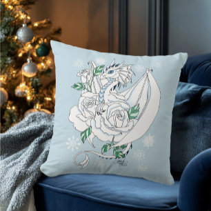 Witte Dragon Rozen Sneeuwvlokken Blauw Kussen