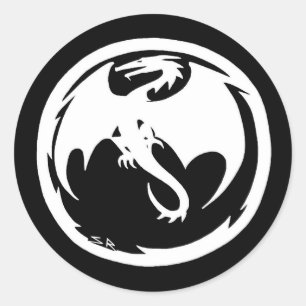 Witte Dragon zwarte ronde stickers (zwarte rand)