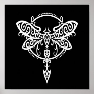 Witte dragonfly zwenken op zwart poster