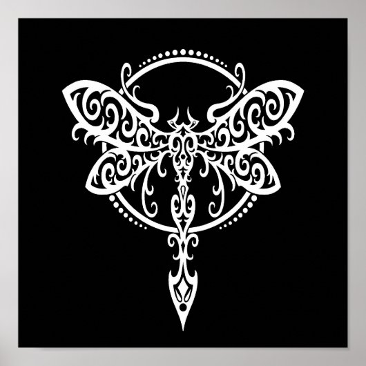 Witte dragonfly zwenken op zwart poster (Voorkant)