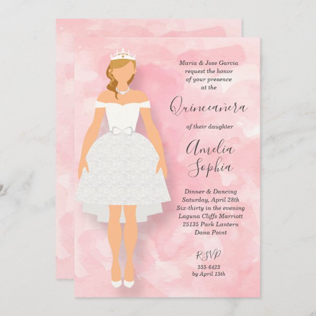 Witte dress roze Quinceanera-uitnodigingen (Voorkant / Achterkant)
