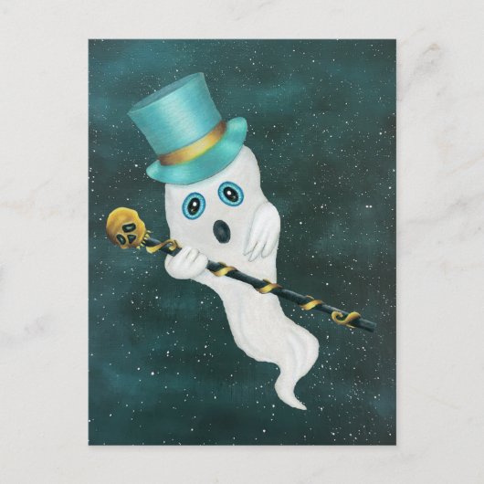 Witte drijvende geest in Sky Top Hat Skull Cane Briefkaart (Voorkant)