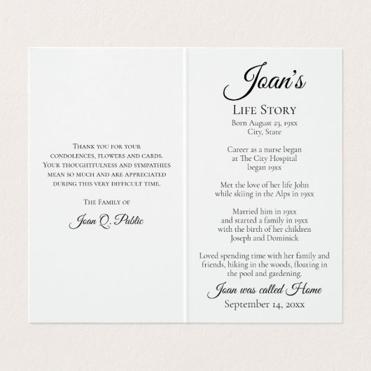 Witte dubbele daffodil bloemen begrafenisgebed visitekaartje (Binnenkant ongevouwen)