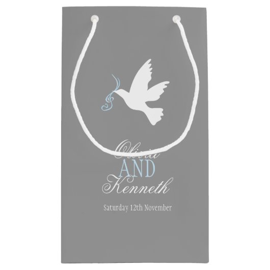 Witte duif blauwe grijze bruiloft gunt aangepaste  klein cadeauzakje (Achterkant)