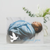 Witte duif blauwe jongens doop foto dank je kaart (Staand voorkant)