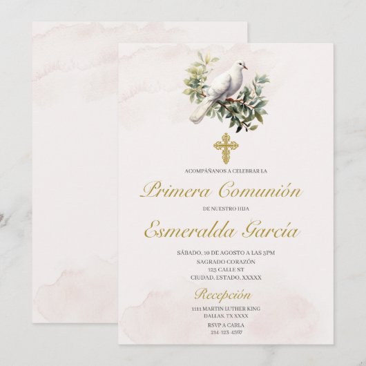 Witte duif bloemeneerste communie Uitnodiging (Voorkant / Achterkant)