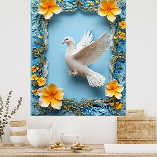 Witte Duif in  Blauw Lijst Poster (Keuken)