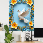 Witte Duif in Blauw Lijst Poster (Thuiskantoor)