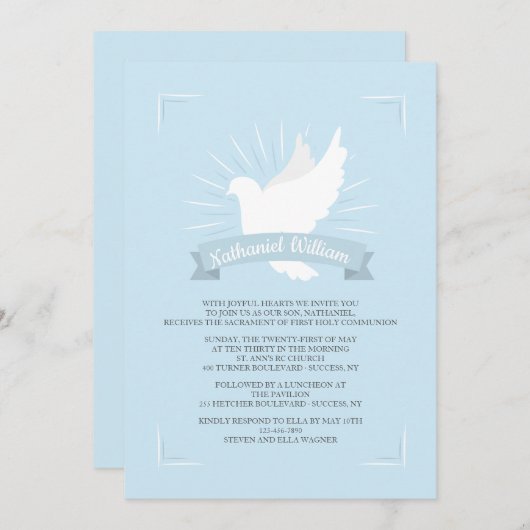 Witte duif in blauwe religieuze uitnodiging (Voorkant / Achterkant)