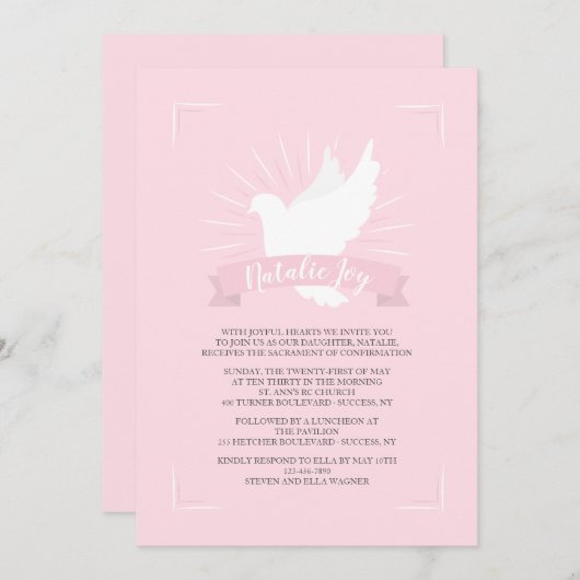 Witte duif in roze religieuze uitnodiging (Voorkant / Achterkant)