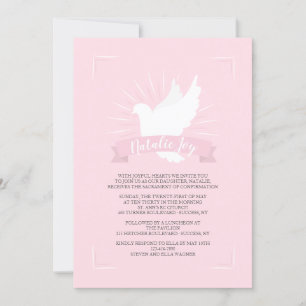 Witte duif in roze religieuze uitnodiging