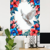 Witte duif in sierlijke blauwe lijst poster (Thuiskantoor)