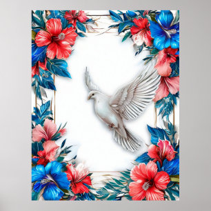 Witte duif in sierlijke blauwe lijst poster
